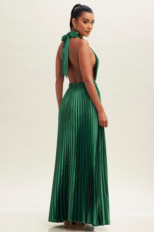 MAXI VESTIDO SATIN HALTER VERDE PLISADO