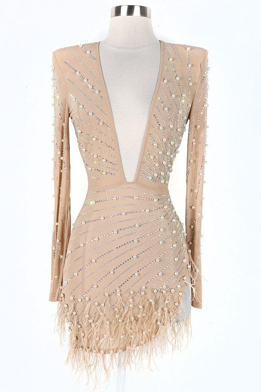 VESTIDO MARGIE NUDE CRISTALES PLUMAS