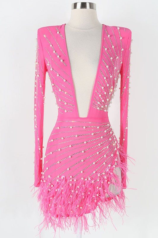 VESTIDO MARGIE PINK CRISTALES PLUMAS