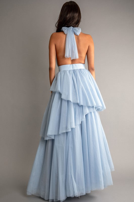 MAXI VESTIDO BELA TULLE HALTER AZUL