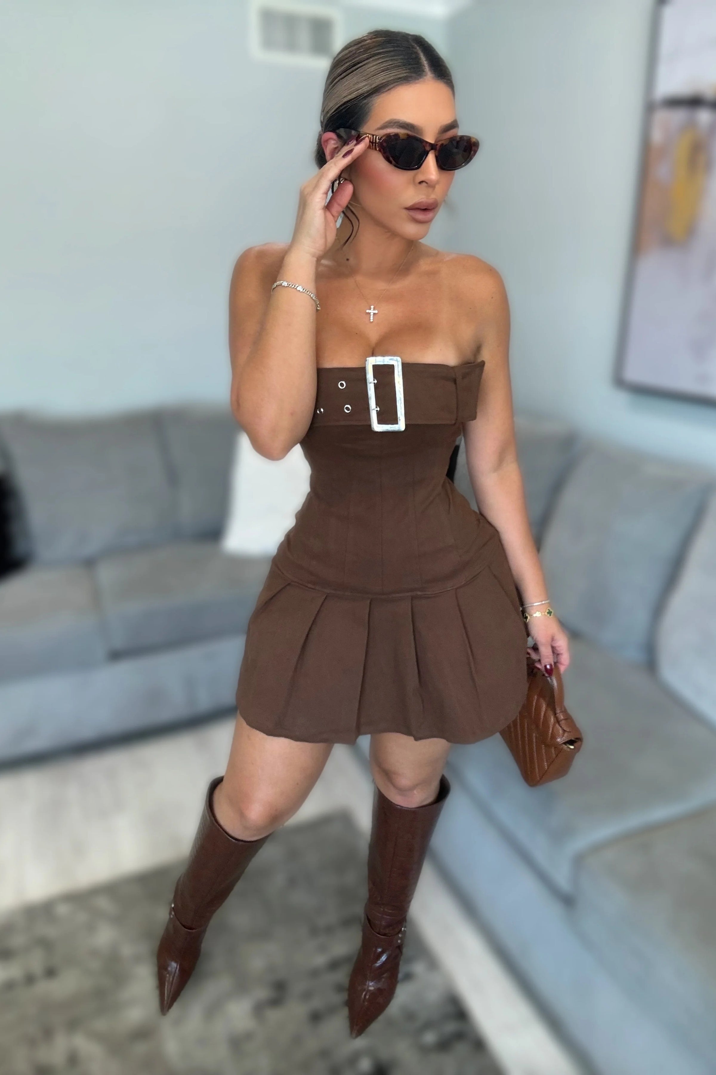 VESTIDO COCOA TABLEADO STRAPLESS