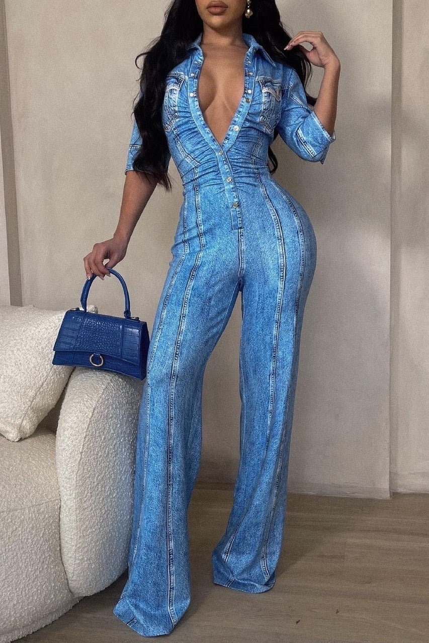 Denim palazzo jumpsuit on sale