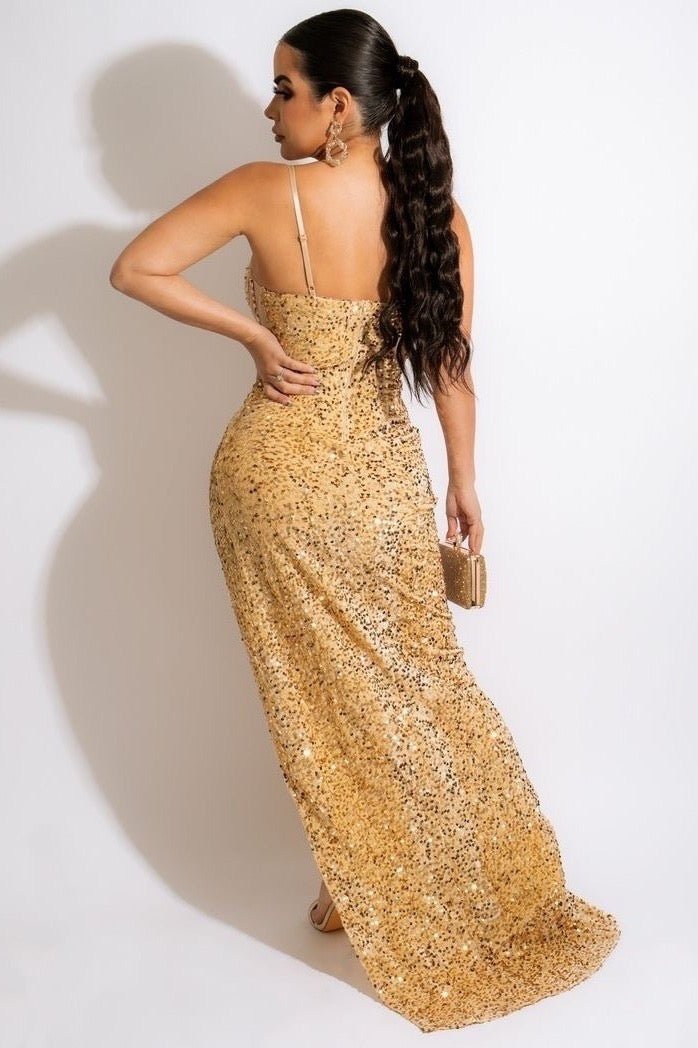 MAXI VESTIDO IRREGULAR LENTEJUELAS DORADO